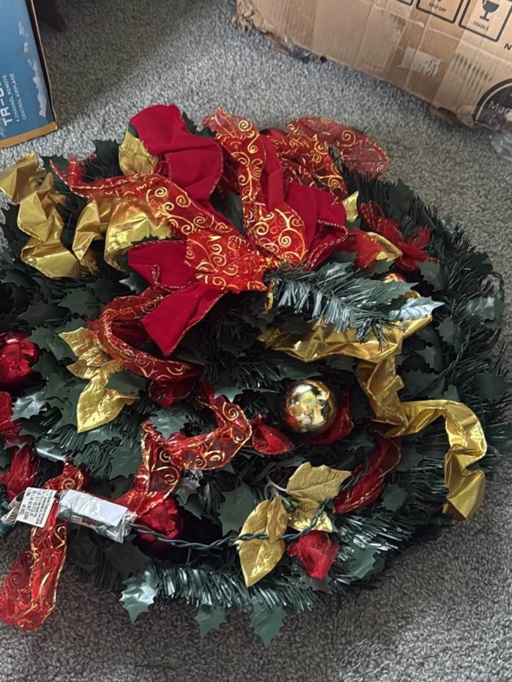 Holiday Red and Gold Christmas pop up tree with Ribbon, Ornament, and lights